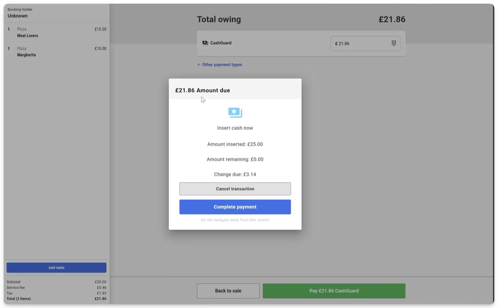 Payment screen showing total due, cash inserted, and change due for transaction.